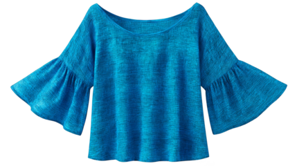 A beautifully crafted azure blue blouse featuring elegant and flowing bell sleeves a timeless garment with a classic silhouette perfect for sophisticated and stylish outfits. 