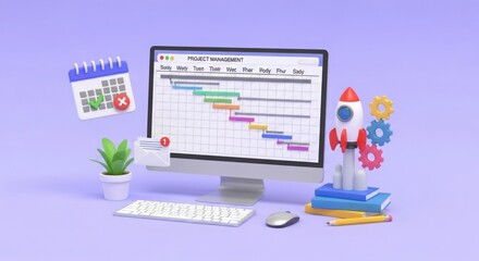 Project management software on computer with calendar rocket and gears on a purple background
