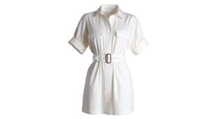 A minimalist and elegant fashion statement is captured in this full length view of a pristine white shirt dress cinched at the waist with a simple matching fabric belt.