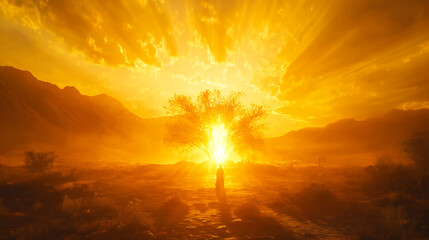 Fototapeta premium Dramatic biblical scene depicting moses facing a luminous burning bush ethereal golden light illuminates the desert landscape creating an aweinspiring atmosphere