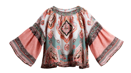 A vibrant close up shot of a beautifully crafted women s blouse featuring an intricate floral pattern with delicate pink blossoms and lush green leaves showcasing textile artistry and fashion design.