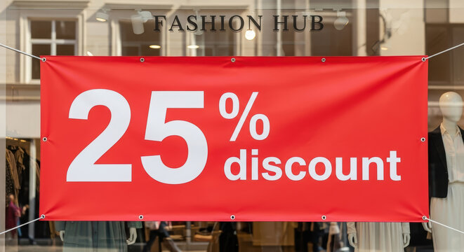 Bright red promotional banner displaying twenty-five percent discount for fashion store, attracting customers with bold typography and eye-catching design elements in retail environment - Powered by Adobe