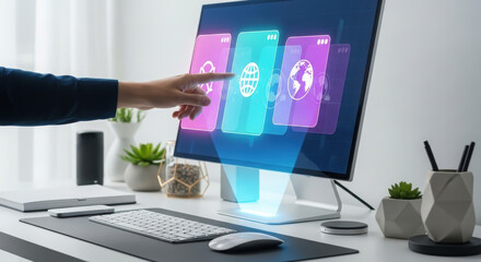 Fototapeta premium Hand of a person interacting with a holographic display on a modern computer screen, showcasing digital applications and global connectivity in a contemporary workspace