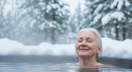 Fototapeta premium Senior woman with gray hair relaxing in a hot tub surrounded by snowy trees, enjoying a peaceful moment in nature, embodying tranquility and wellness in a winter setting