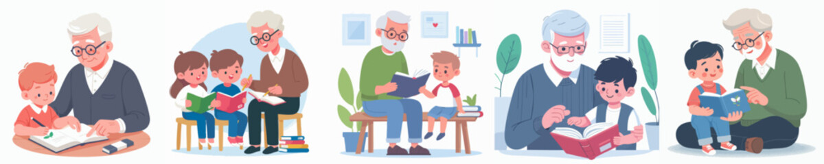 Flat Illustration Grandfather Reading Book with Grandchild in Different Scenes Design