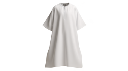 A simple, white, oversized tunic dress or kaftan is shown against a white background.