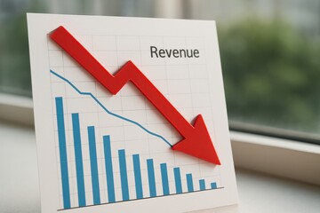 negative revenue rate concept. Declining revenue graph with red arrow and blue bars displayed indoors.