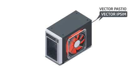 Isometric Computer Case with Red Fan, Technology Concept