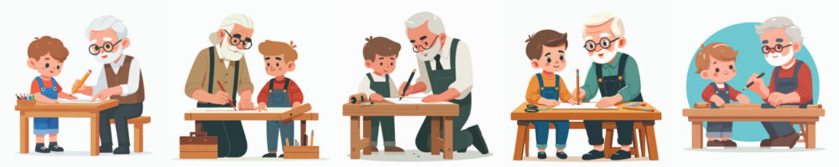 Cute Illustration of Grandfather Teaching Grandson Drawing at Desk Together Clipart