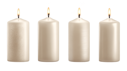 A tranquil and serene scene featuring four elegant white wax candles with one single flickering flame casting a warm gentle glow against a soft unfocused background creating a peaceful atmosphere.