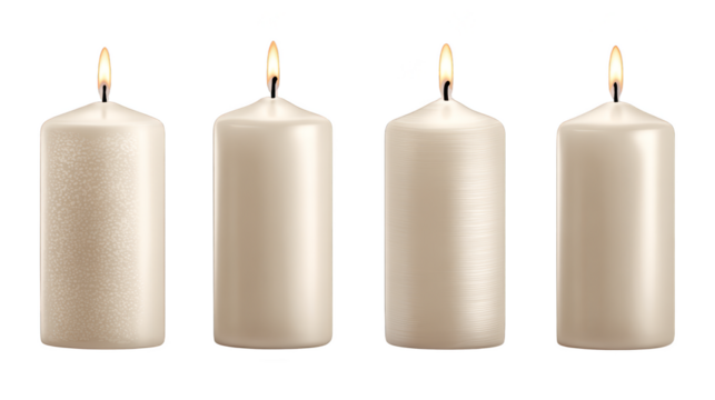 A tranquil and serene scene featuring four elegant white wax candles with one single flickering flame casting a warm gentle glow against a soft unfocused background creating a peaceful atmosphere.