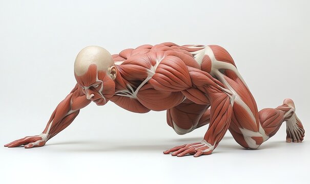 Human anatomy during a push-up, showing the muscles used such as pectoralis major, triceps brachii, and deltoids. visual demonstrates effective upper  strength training techniques, Generative AI