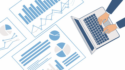 Hands Typing on Laptop with Business Charts and Graphs.