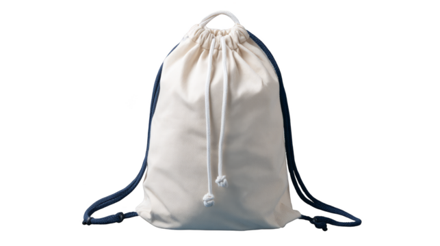 A cream-colored fabric drawstring bag with dark blue straps is shown against a white background.