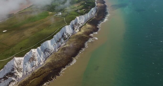 Aerial View Of White Cliffs of Dover Facing The Strait of Dover In Kent, England, UK.