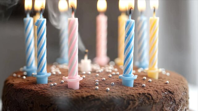 Vibrant birthday celebration with a delicious chocolate cake adorned with colorful striped candles and shiny silver beads smoke rising Ideal for festive party 