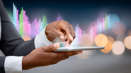 African American woman using tablet device to analyze financial data, with colorful graphs and charts overlaying a blurred cityscape background, showcasing modern technology and analytics