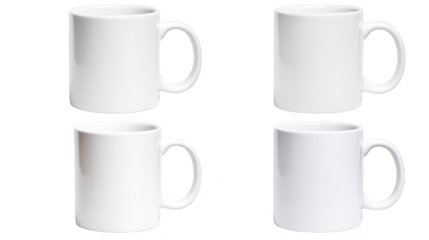 A captivating still life composition featuring four pristine white ceramic mugs neatly arranged bathed in the ethereal glow of vibrant green and warm yellow ambient lighting.