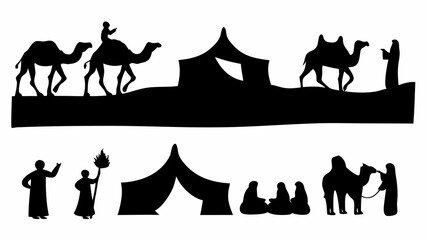 Silhouette of a desert caravan with camels, people, and tents in a black and white illustration