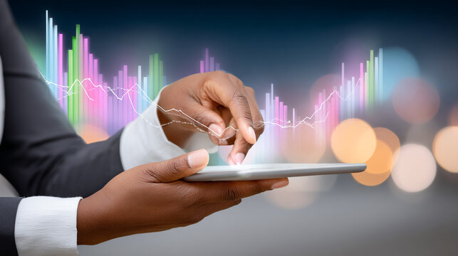 African American woman using tablet device to analyze financial data, with colorful graphs and charts overlaying a blurred cityscape background, showcasing modern technology and analytics