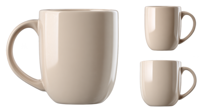 A close up studio shot of a white ceramic coffee mug featuring a printed design of three additional mugs resting on a clean reflective surface with soft lighting.