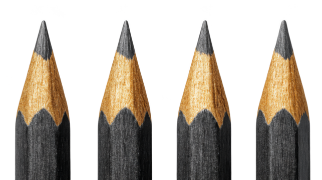 A meticulously arranged long and straight row of identical sharpened wooden pencils with classic yellow bodies pink erasers and dark graphite tips creating a repeating pattern.