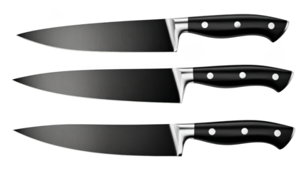 A minimalist still life composition featuring two sharp culinary knives with sleek black ergonomic handles positioned carefully on a neutral background for a clean aesthetic.