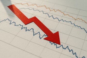 negative revenue rate concept. Declining graph with a prominent red arrow indicating a drop.
