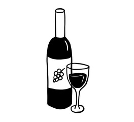 Wine and glass minimalist drawing. Mediterranean restaurant menu. Drink doodle, crayon illustration