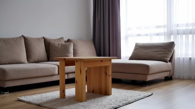 Light-filled living room with beige couch, wooden coffee table, and chaise lounge