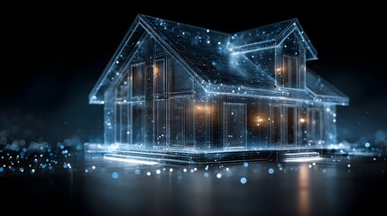 Futuristic holographic wireframe of a modern house, glowing with blue light and surrounded by digital particles and data on a dark background.