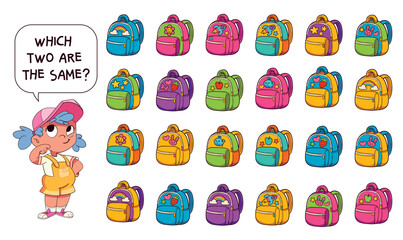 Fun visual puzzle for kids: find the two identical backpacks among many colorful ones. Great for attention, observation, and visual matching skills. Find the Match. Funny cartoon characters. Set