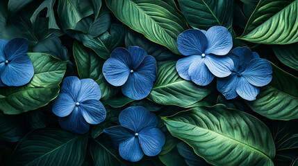 Elegant dark blue flowers with lush green leaves in a moody botanical composition dark background