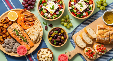 Delicious Mediterranean Feast: Grilled Seafood, Salads, and Appetizers