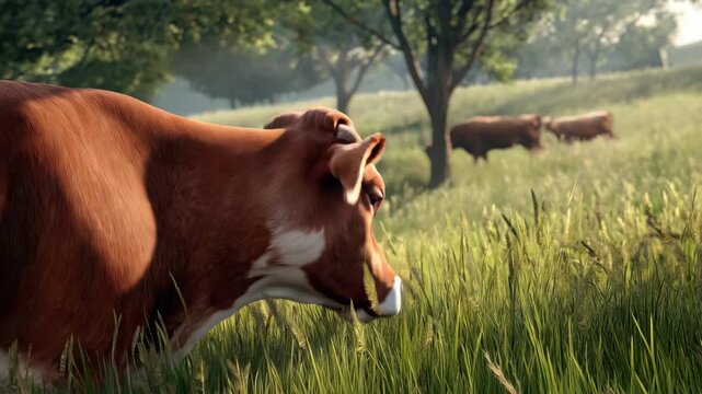 Curious cows grazing in peaceful sunlit meadow scene