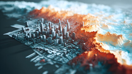 Dynamic 3D Digital Topographical Map of an Urban Coastal Landscape with Varied Terrain and Data Visualization