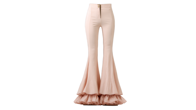 A fashionable woman showcasing a pair of elegant beige trousers featuring a classic high waisted design and a stylishly flared hemline a timeless and chic fashion statement.