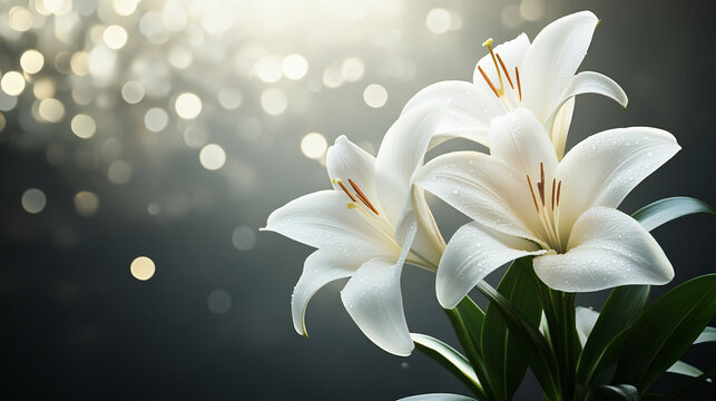 Elegant white flowers with soft bokeh background, mourning and funeral imagery with copy space for text