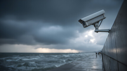 Waterfront Surveillance Camera Monitoring Ocean Storm with Dark Clouds