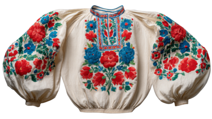 Elegant and timeless white blouse featuring a beautiful delicate floral pattern with vibrant red and blue blossoms a classic clothing item for a sophisticated and feminine look.