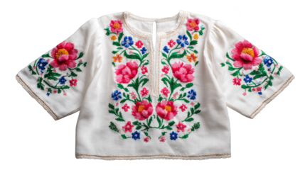 Elegant white blouse with a vibrant all over print of multicolored botanical elements including stylized flowers and detailed leaves creating a fresh and summery fashion statement.