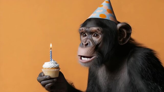 Chimpanzee celebrating birthday with cupcake and party hat on orange background