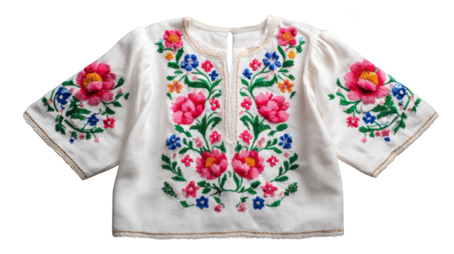 Elegant white blouse with a vibrant all over print of multicolored botanical elements including stylized flowers and detailed leaves creating a fresh and summery fashion statement.