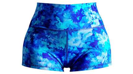 Detailed macro photograph of a pair of fashionable blue and white shorts emphasizing the intricate geometric pattern and the texture of the fabric material.