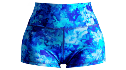 Detailed macro photograph of a pair of fashionable blue and white shorts emphasizing the intricate geometric pattern and the texture of the fabric material.