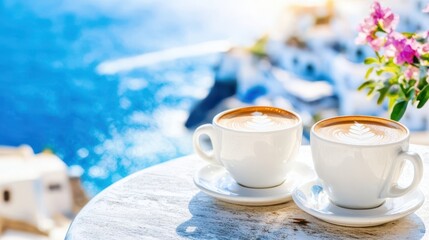 Naklejka premium Enjoying morning coffee with a stunning view of the ocean and beautiful surroundings.