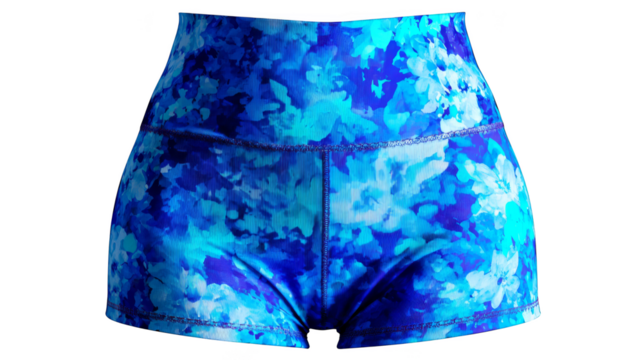 Detailed macro photograph of a pair of fashionable blue and white shorts emphasizing the intricate geometric pattern and the texture of the fabric material.