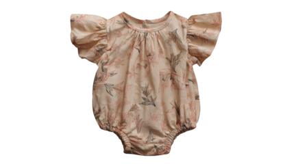 Close up studio shot of a charming infant girl's one piece bodysuit featuring a delightful and colorful floral pattern laid flat on a neutral background.
