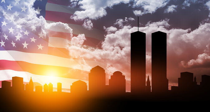 New York skyline silhouette with Twin Towers and USA flag at sunset. American Patriot Day banner. - Powered by Adobe