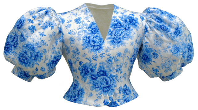 A blue and white floral blouse with a V-neck and puff sleeves on a white background.